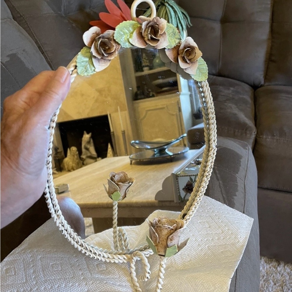 Toleware Rose Floral MIRROR Shabby Chic Candle Holder COUNTRY 13x9” vintage - Picture 2 of 8